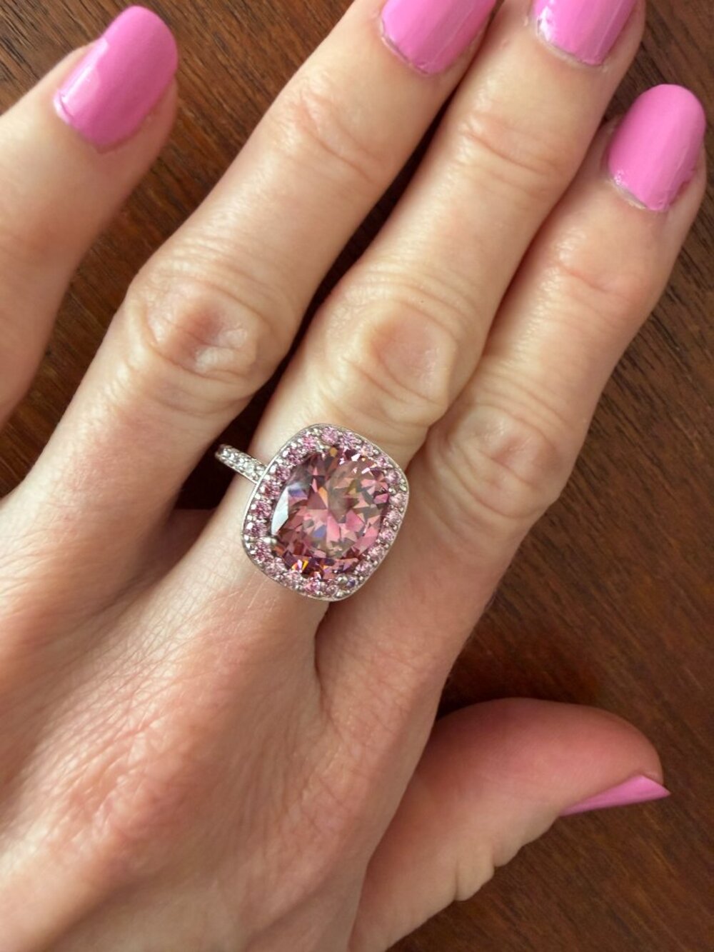 WOW Jean Dousset Sterling Simulated Pink Tourmaline Cushion Cut Halo Ring - 6
